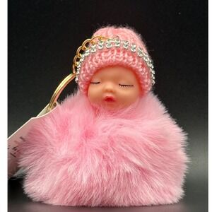 Sisi Collection Pink Baby Doll Beanie Pom Pom Keychain Rhinestone Furry